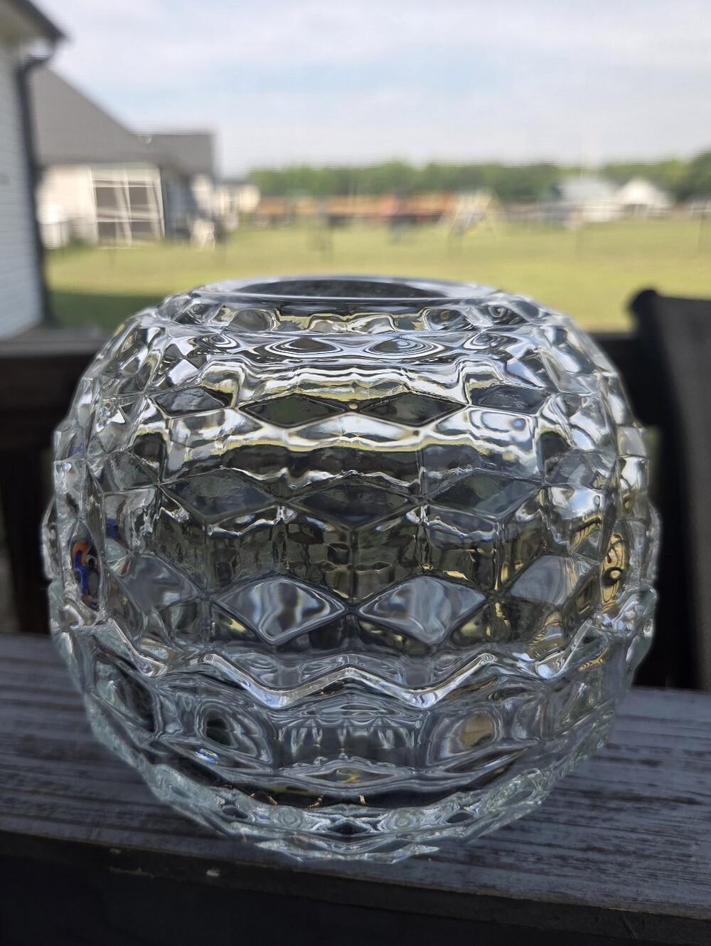 VTG Homco Cubist Clear Glass Diamond -FAIRY LAMP- Candle Holder 5" Diameter MCM